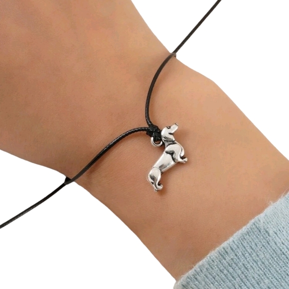 Woman / Men djustable Bracelet Black Cord With Dachshund.  Dog - Picture 3 of 4